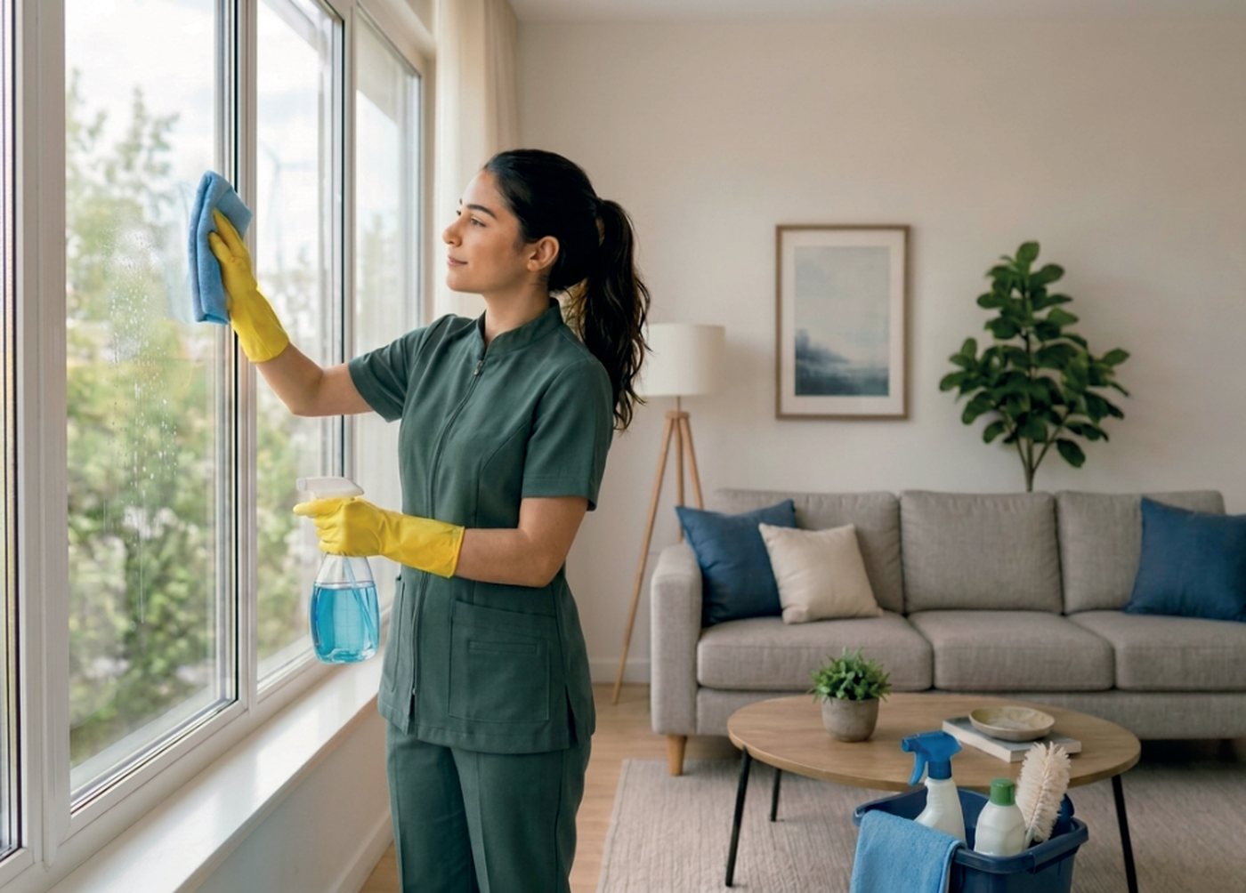 A Hestia cleaner wiping down a bright living-room window