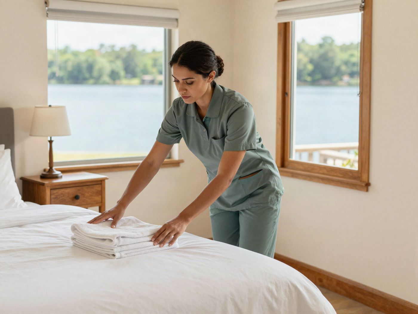 A Hestia cleaner setting fresh towels on a guest bed in a lake house