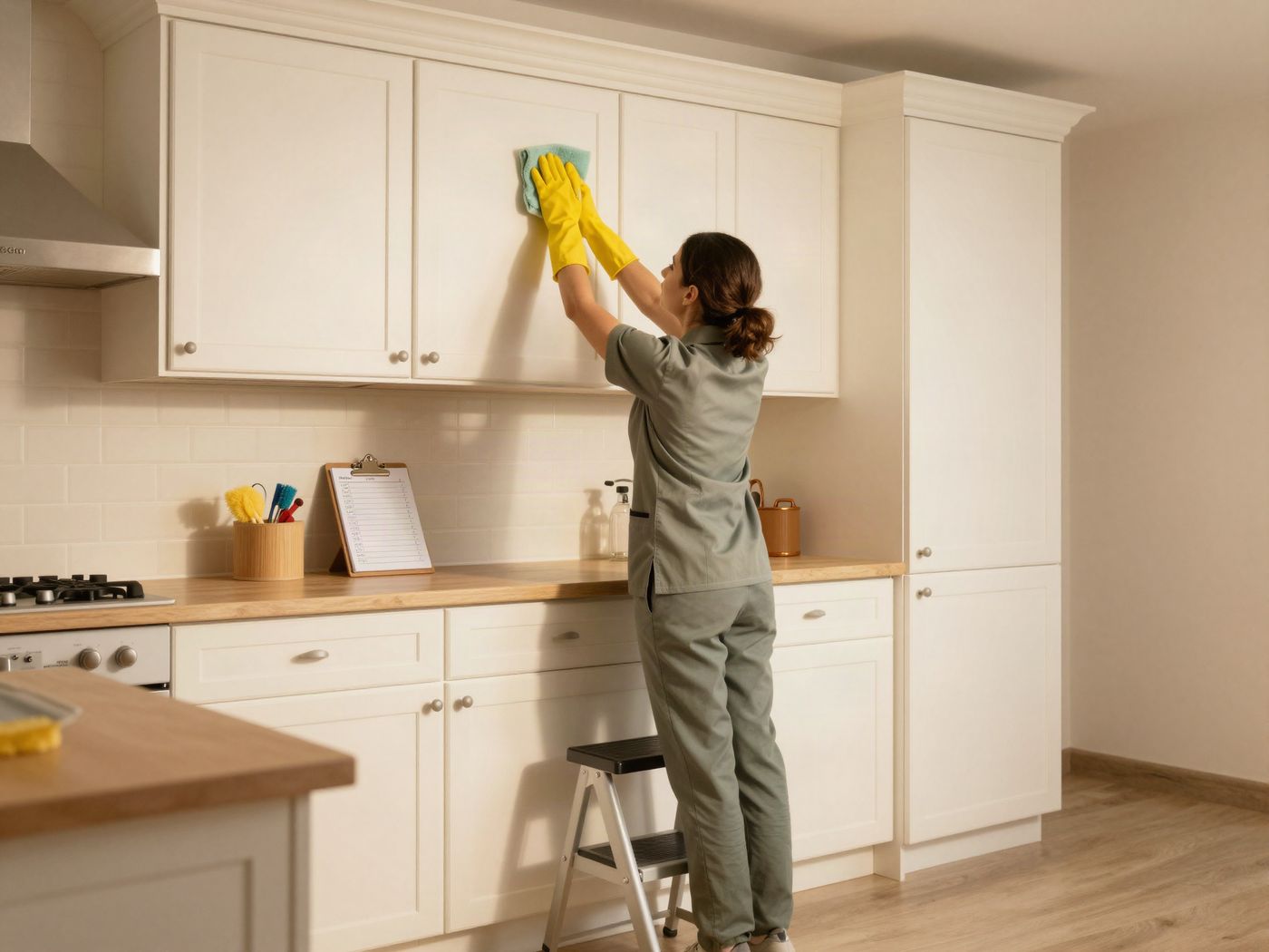 A Hestia cleaner wiping upper kitchen cabinets during a full day of cleaning