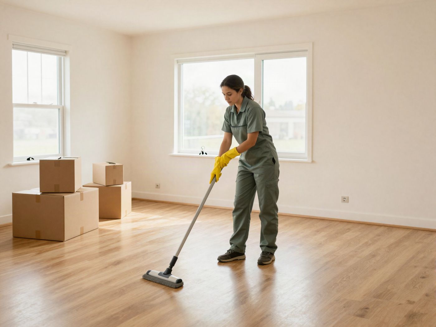 A Hestia cleaner mopping the floor of an empty home with moving boxes by the door