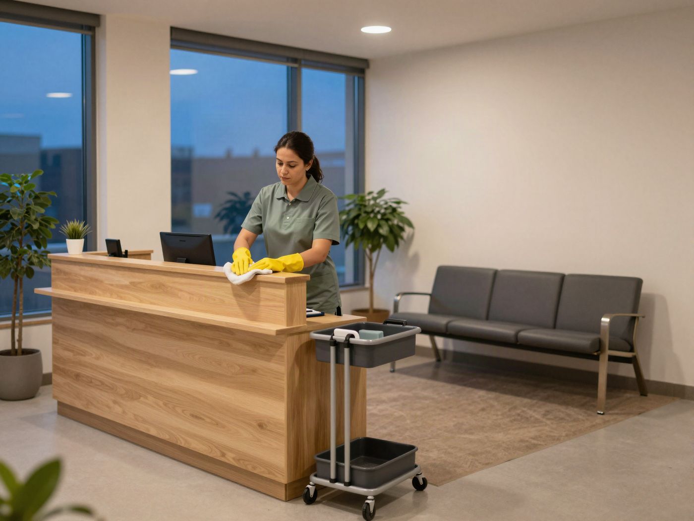 A Hestia cleaner wiping a reception desk after office hours