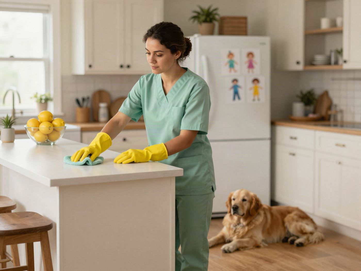 A Hestia cleaner wiping a kitchen island in a family home